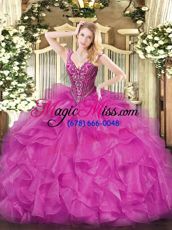wholesale fuchsia long sleeves organza lace up ball gown prom dress for military ball and sweet 16 and quinceanera