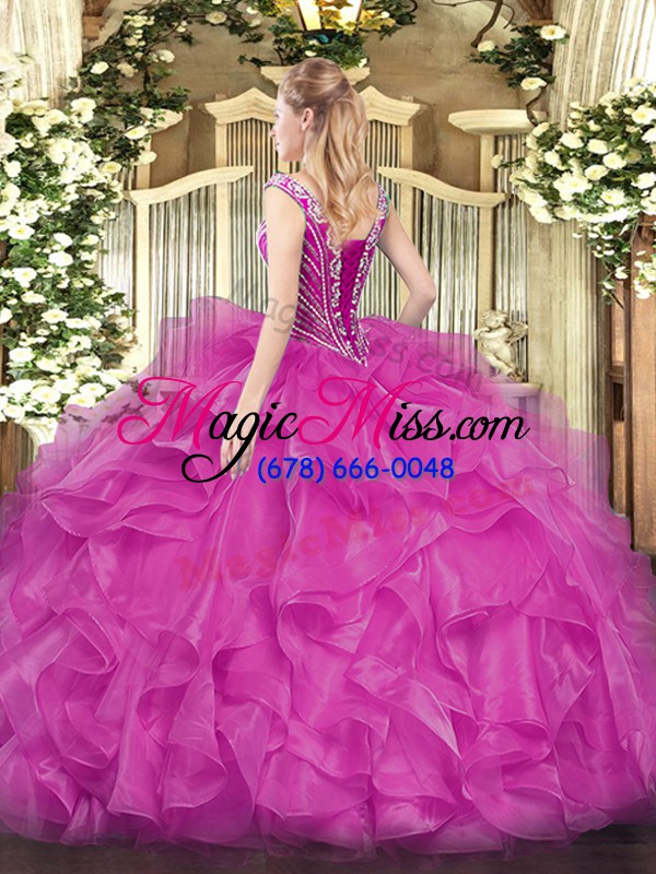 wholesale fuchsia long sleeves organza lace up ball gown prom dress for military ball and sweet 16 and quinceanera