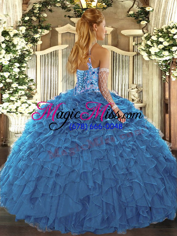 wholesale unique teal ball gowns organza halter top sleeveless beading and ruffles floor length lace up quinceanera dress