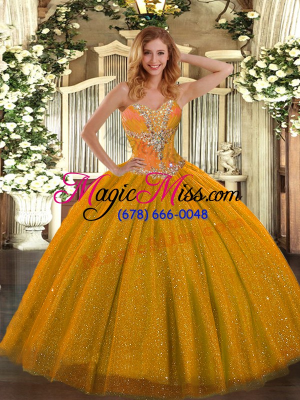 wholesale decent sweetheart sleeveless lace up quinceanera dresses gold tulle