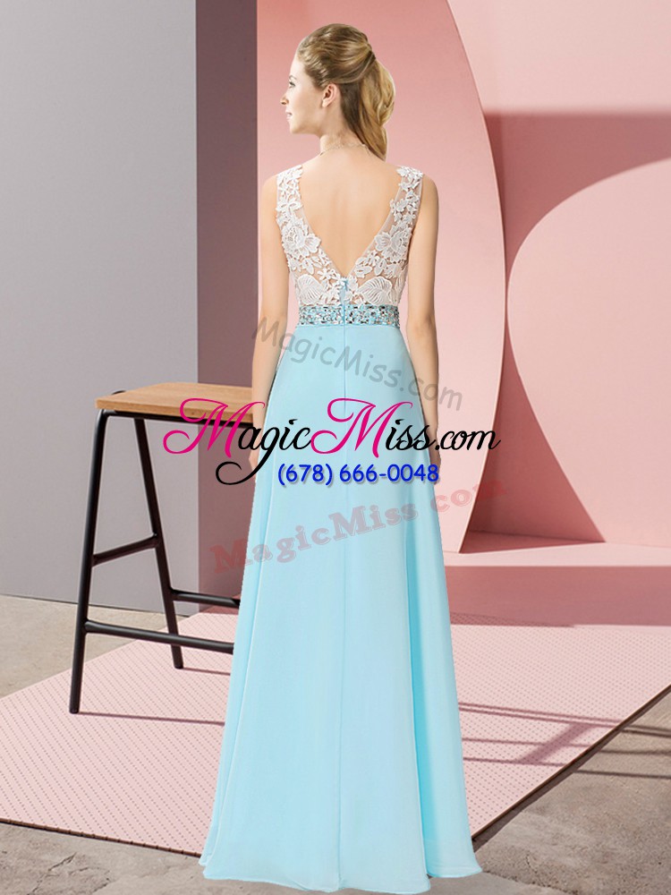 wholesale custom design aqua blue v-neck backless beading prom dresses sleeveless