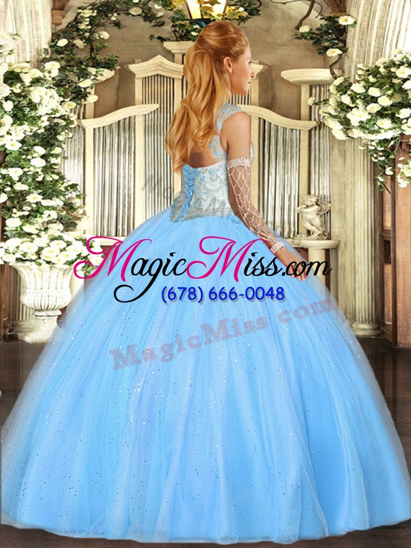 wholesale blue ball gowns scoop sleeveless tulle floor length lace up beading ball gown prom dress