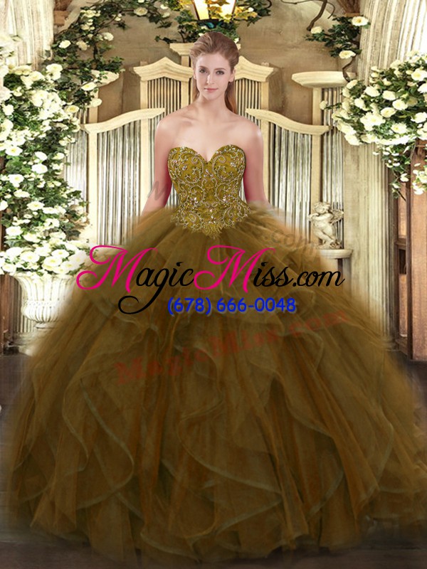 wholesale stylish brown ball gowns ruffles sweet 16 dresses lace up organza sleeveless floor length