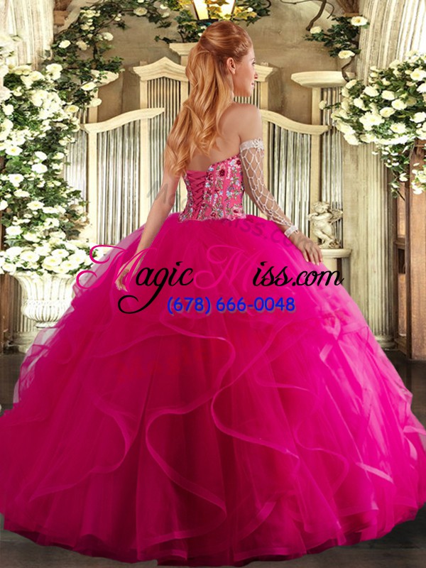 wholesale fashionable floor length fuchsia ball gown prom dress tulle sleeveless embroidery and ruffles