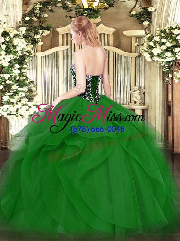 wholesale exceptional green tulle lace up sweetheart sleeveless floor length quince ball gowns beading and ruffles