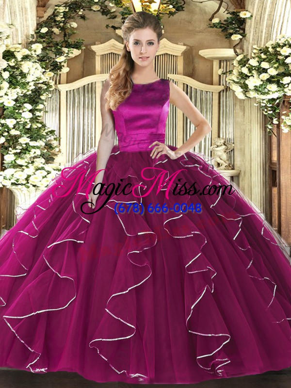 wholesale fuchsia sleeveless tulle lace up quinceanera gowns for military ball and sweet 16 and quinceanera