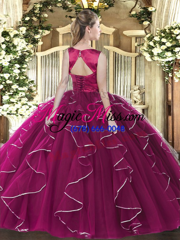 wholesale fuchsia sleeveless tulle lace up quinceanera gowns for military ball and sweet 16 and quinceanera