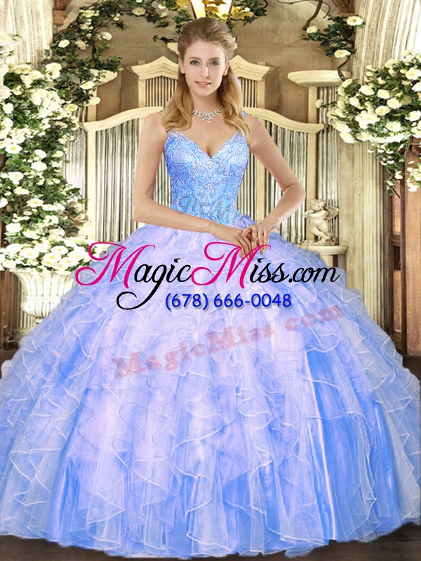 wholesale fancy floor length lace up sweet 16 quinceanera dress light blue for military ball and sweet 16 and quinceanera with beading and ruffles