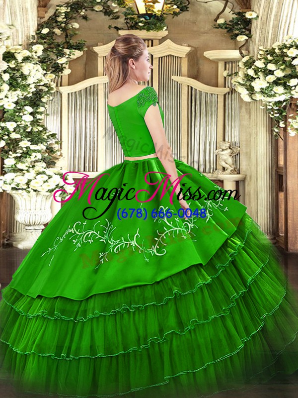 wholesale elegant royal blue 15 quinceanera dress military ball and sweet 16 and quinceanera with embroidery and ruffled layers off the shoulder short sleeves zipper