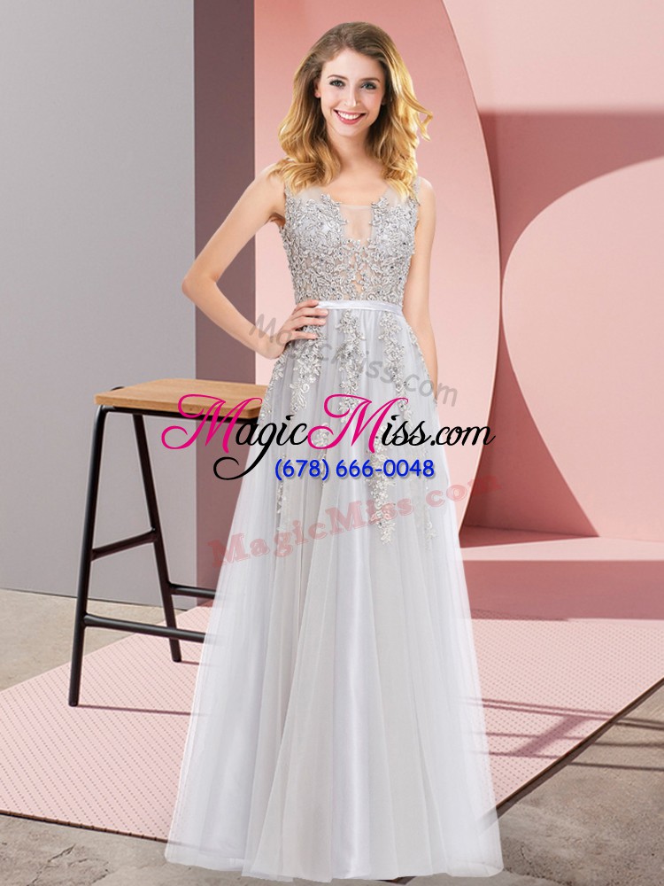 wholesale pretty lace and appliques prom dresses grey backless sleeveless floor length