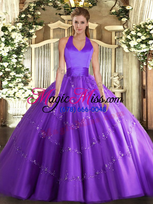 wholesale purple sweet 16 dress military ball and sweet 16 and quinceanera with appliques halter top sleeveless lace up