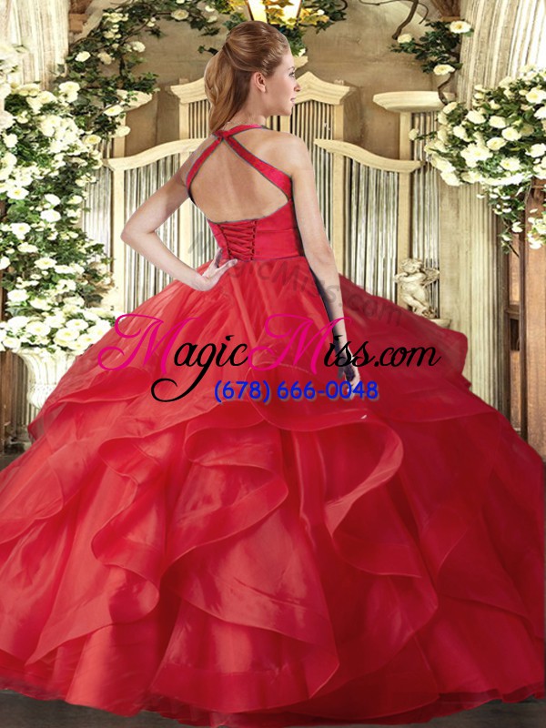 wholesale hot pink lace up halter top ruffles quinceanera gown tulle sleeveless