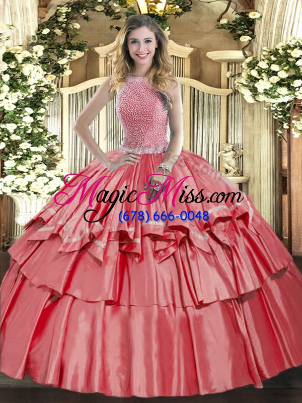 wholesale high-neck sleeveless lace up sweet 16 dresses coral red organza and taffeta