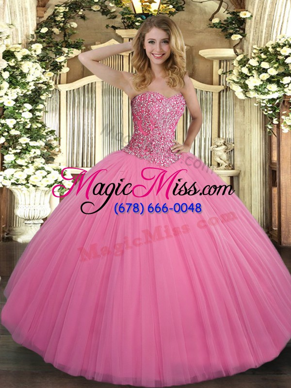 wholesale fashionable rose pink sleeveless beading floor length sweet 16 dresses