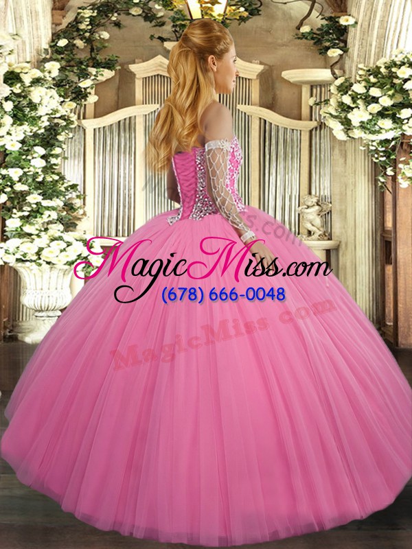 wholesale fashionable rose pink sleeveless beading floor length sweet 16 dresses