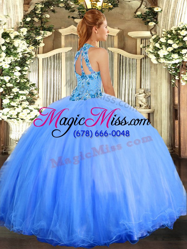wholesale deluxe blue halter top neckline embroidery quinceanera dresses sleeveless lace up