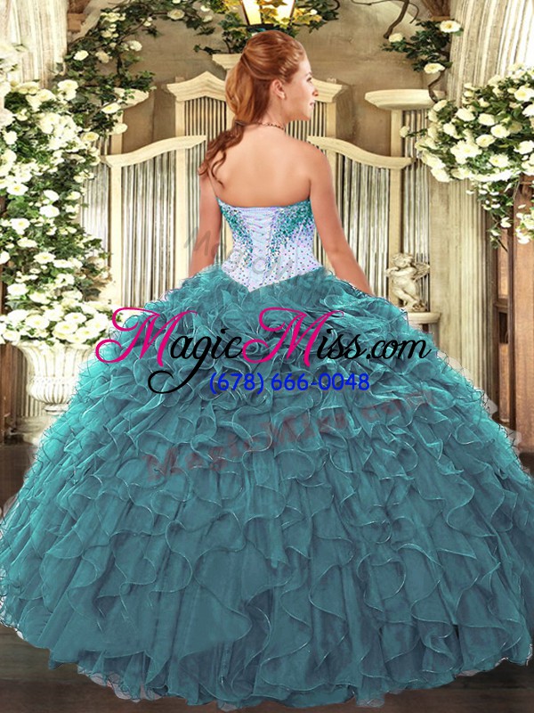 wholesale great teal sleeveless floor length beading and ruffles lace up sweet 16 quinceanera dress