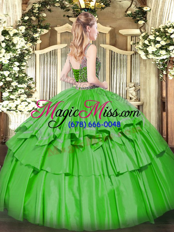 wholesale fashionable scoop sleeveless organza and taffeta ball gown prom dress beading and ruffled layers lace up