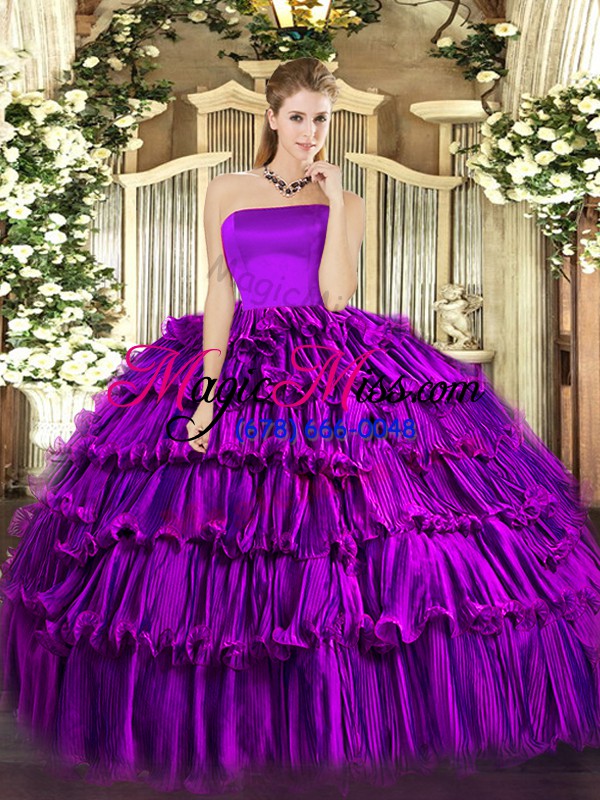 wholesale purple organza zipper vestidos de quinceanera sleeveless floor length ruffled layers