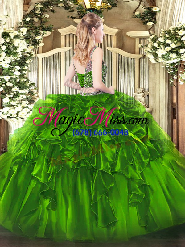 wholesale deluxe olive green organza lace up sweet 16 dress sleeveless floor length beading and ruffles