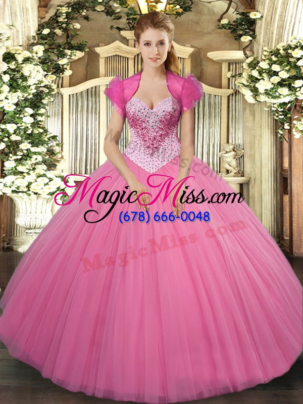 wholesale cheap beading ball gown prom dress rose pink lace up sleeveless floor length