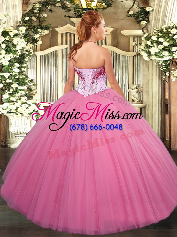 wholesale cheap beading ball gown prom dress rose pink lace up sleeveless floor length