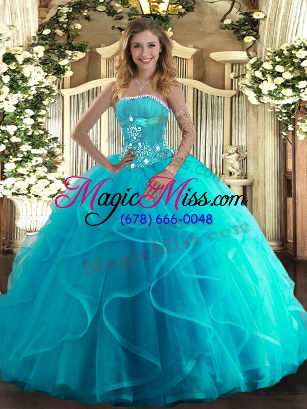 wholesale on sale aqua blue tulle lace up strapless sleeveless floor length sweet 16 dress beading and ruffles