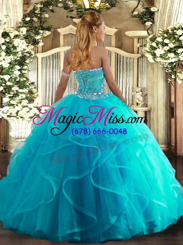 wholesale on sale aqua blue tulle lace up strapless sleeveless floor length sweet 16 dress beading and ruffles