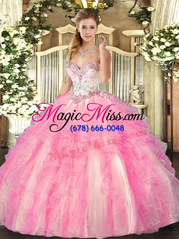 wholesale high end rose pink 15 quinceanera dress military ball and sweet 16 and quinceanera with beading and ruffles sweetheart sleeveless lace up