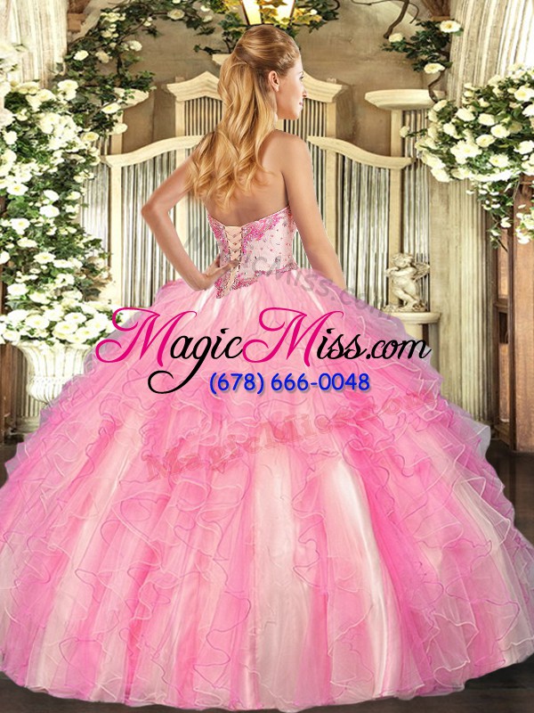 wholesale high end rose pink 15 quinceanera dress military ball and sweet 16 and quinceanera with beading and ruffles sweetheart sleeveless lace up