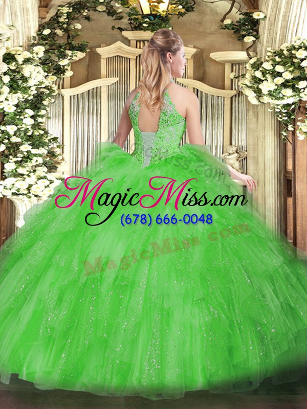 wholesale decent apple green 15th birthday dress military ball and sweet 16 and quinceanera with beading and ruffles halter top sleeveless lace up