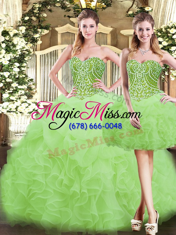wholesale dramatic floor length yellow green quinceanera dresses organza sleeveless beading and ruffles