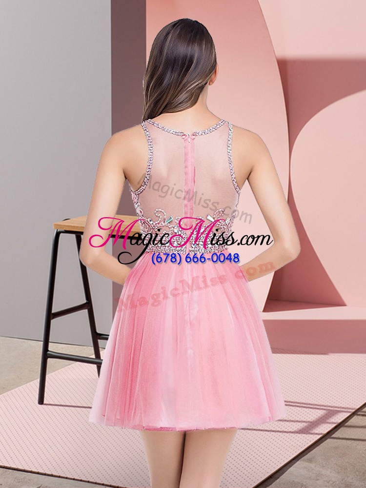 wholesale superior sleeveless tulle mini length zipper prom dresses in rose pink with beading