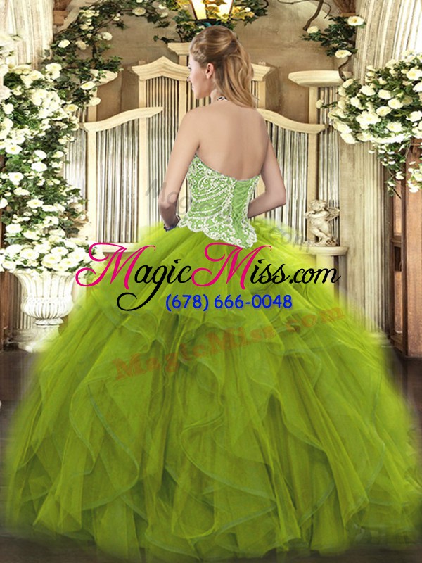 wholesale clearance olive green sleeveless beading and ruffles floor length quinceanera dresses