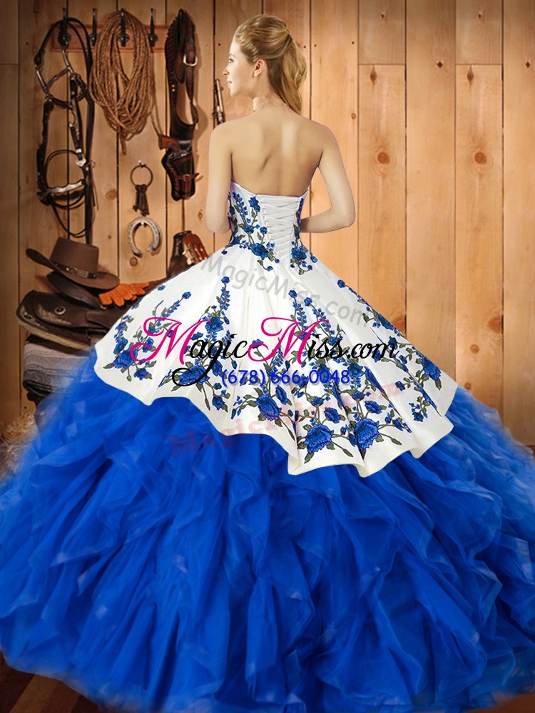 wholesale sweet sweetheart sleeveless quinceanera dress floor length embroidery and ruffles turquoise satin and organza