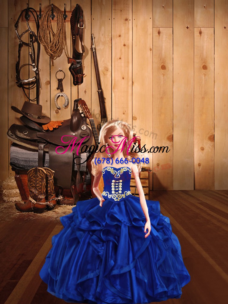 wholesale customized royal blue organza lace up quinceanera gowns sleeveless floor length embroidery and ruffles