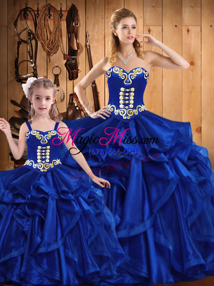 wholesale customized royal blue organza lace up quinceanera gowns sleeveless floor length embroidery and ruffles