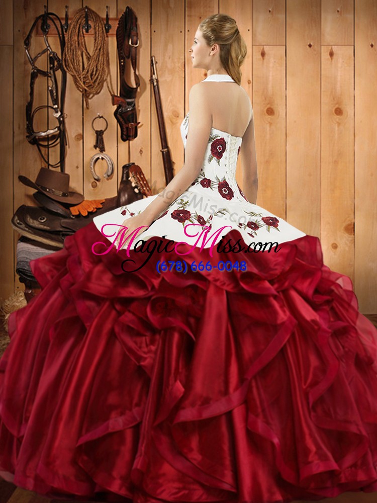 wholesale fancy satin and organza halter top sleeveless lace up embroidery and ruffles sweet 16 quinceanera dress in blue