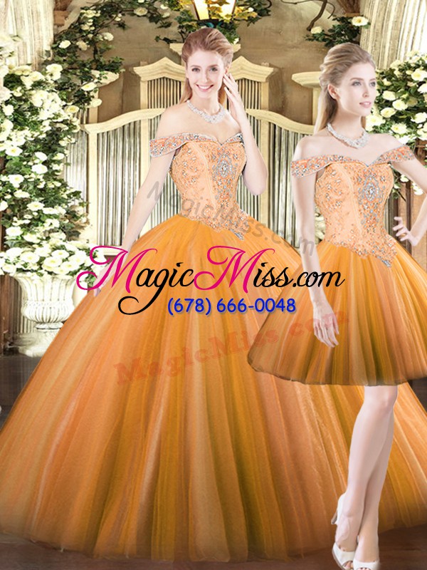 wholesale orange red quince ball gowns military ball and sweet 16 and quinceanera with beading off the shoulder sleeveless lace up