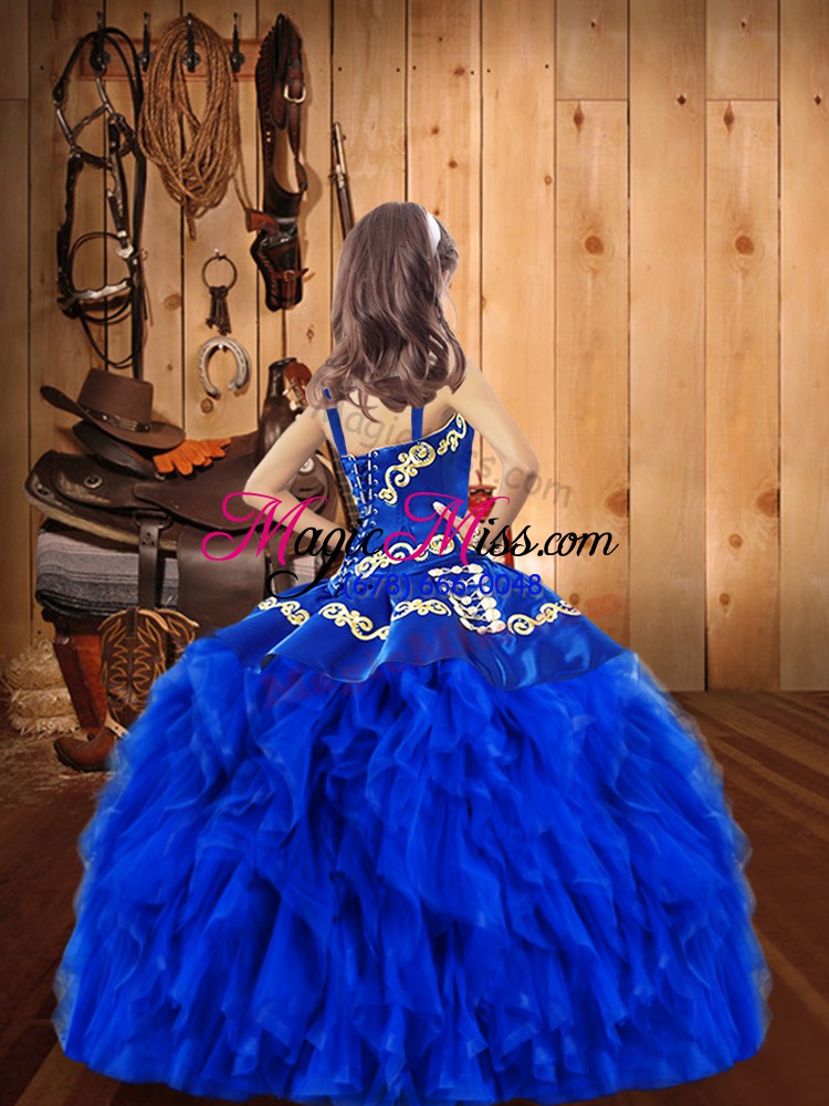 wholesale dazzling red organza lace up pageant dress for girls sleeveless floor length embroidery and ruffles