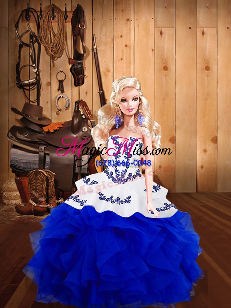 wholesale floor length royal blue sweet 16 dresses tulle sleeveless embroidery and ruffles