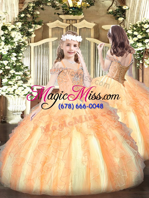 wholesale fitting off the shoulder sleeveless sweet 16 quinceanera dress floor length beading and ruffles champagne tulle