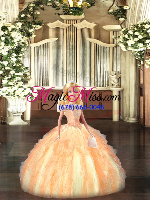 wholesale fitting off the shoulder sleeveless sweet 16 quinceanera dress floor length beading and ruffles champagne tulle