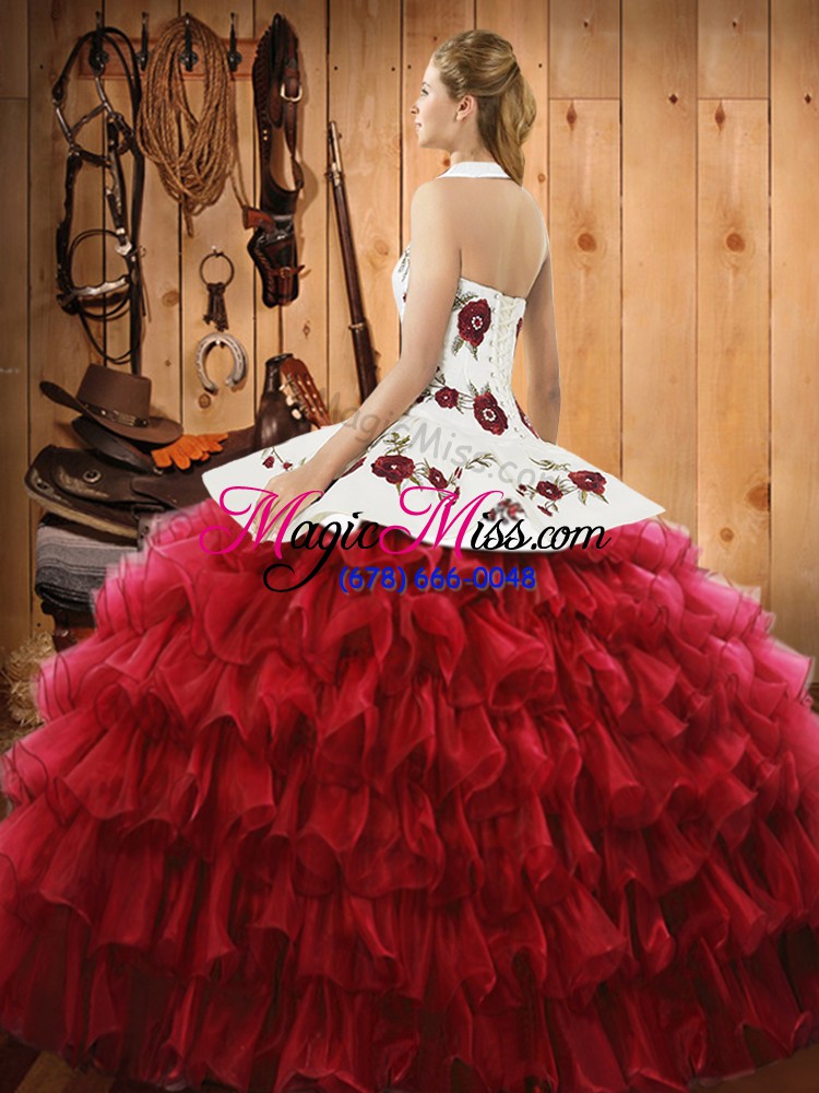 wholesale satin and organza halter top sleeveless lace up embroidery and ruffled layers vestidos de quinceanera in wine red