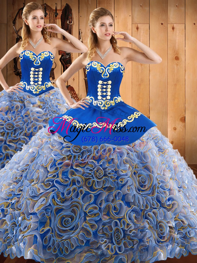 wholesale sleeveless satin and fabric with rolling flowers with train sweep train lace up sweet 16 quinceanera dress in multi-color with embroidery