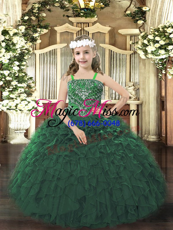 wholesale floor length dark green winning pageant gowns organza sleeveless beading and ruffles
