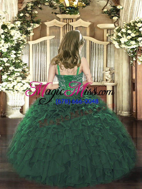 wholesale floor length dark green winning pageant gowns organza sleeveless beading and ruffles