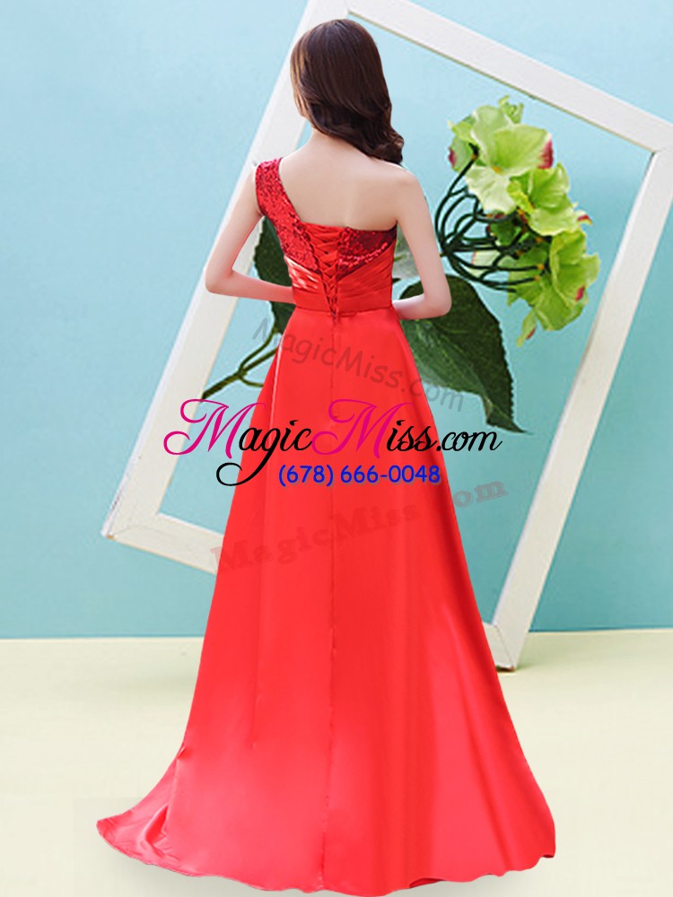 wholesale fuchsia elastic woven satin and sequined lace up prom gown sleeveless high low beading and sequins