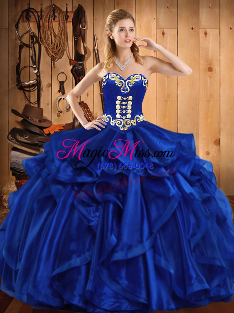 wholesale organza sweetheart sleeveless lace up embroidery and ruffles quinceanera dresses in royal blue