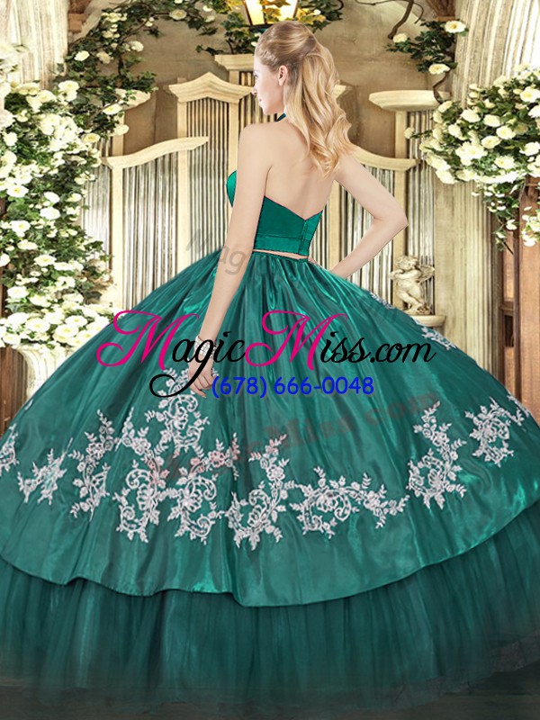 wholesale halter top sleeveless ball gown prom dress floor length appliques burgundy taffeta